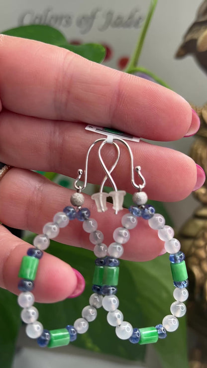 14K White Gold Ice and Green Jadeite Jade Sapphire Earrings | UPC #348714