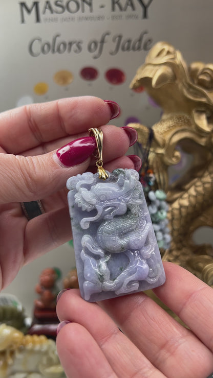 Lavender and Green Jadeite Jade Dragon 14K Yellow Gold Pendant | UPC #401747