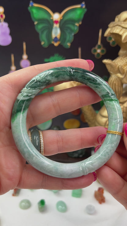 Green Jadeite Jade Carved Cylindrical Bangle 57.7MM | UPC #408180