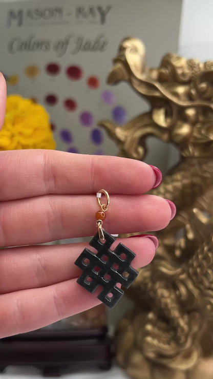 14K YELLOW GOLD GREY JADEITE JADE CARVED ENDLESS KNOT PENDANT UPC #395787