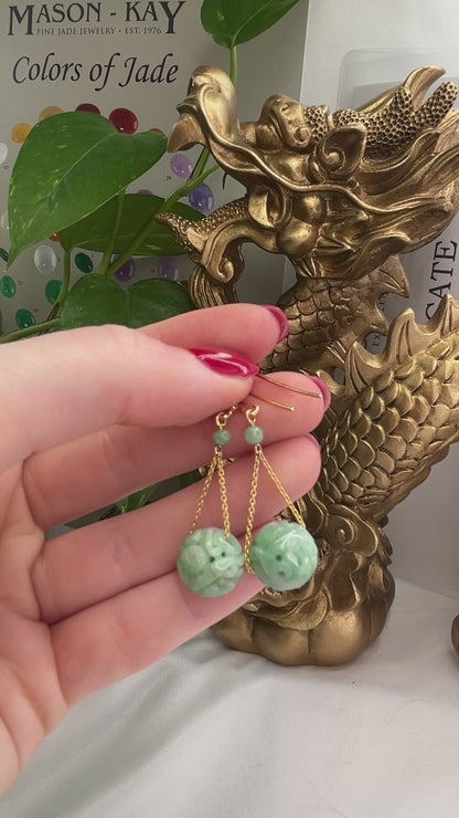 14K Yellow Gold Green Jadeite Jade Dragon Earrings | UPC #379909