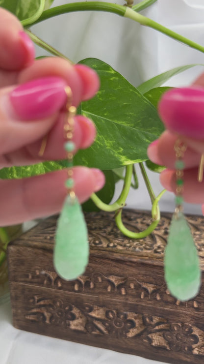 18K Yellow Gold Green Jadeite Jade Carved Tear Drop Earrings | UPC #378681