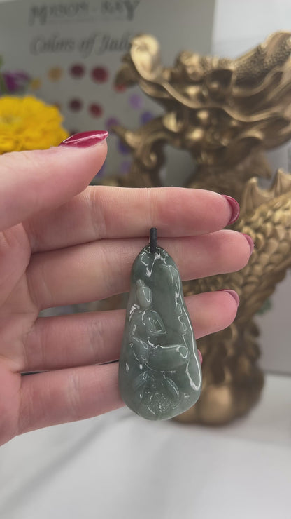 Green Jadeite Jade Carving of Lady in a Garden Pendant | UPC #390195