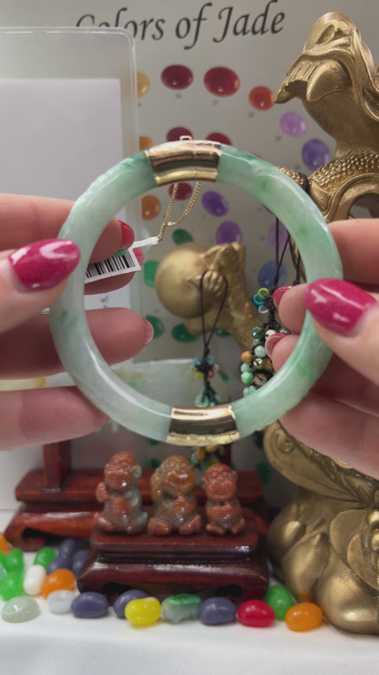 Vintage Green Jadeite Jade Carved Cylindrical Hinge & Clasp 14k Yellow Gold Bangle 56.1MM | UPC #243248