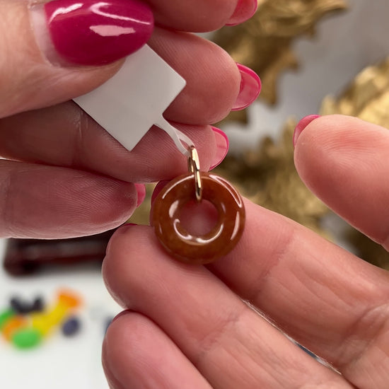 Red Jadeite Jade Open Circle 14K Yellow Gold Pendant Jade Jewelry