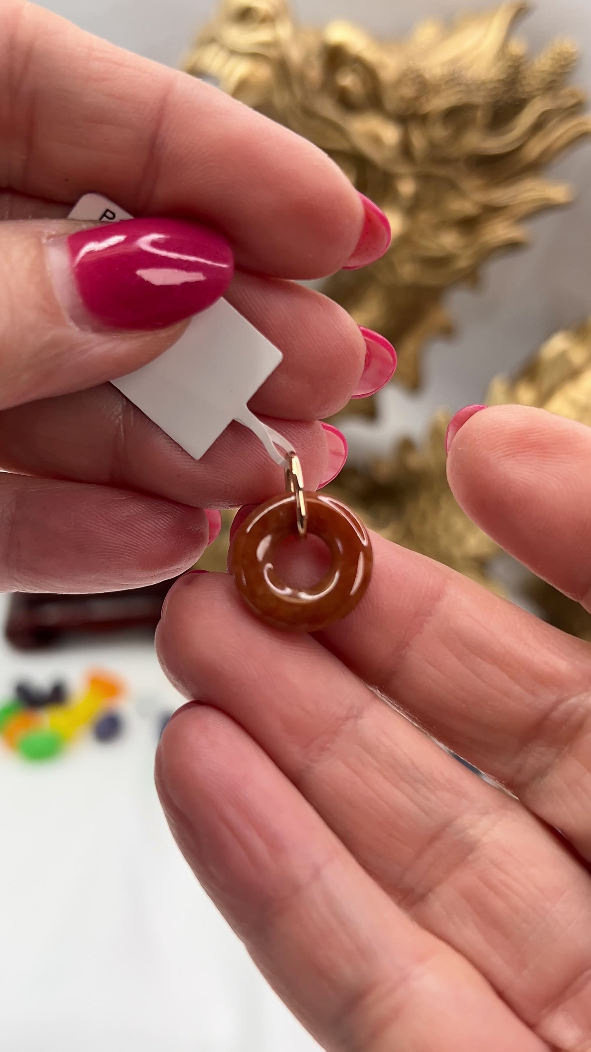 Red Jadeite Jade Open Circle 14K Yellow Gold Pendant Jade Jewelry