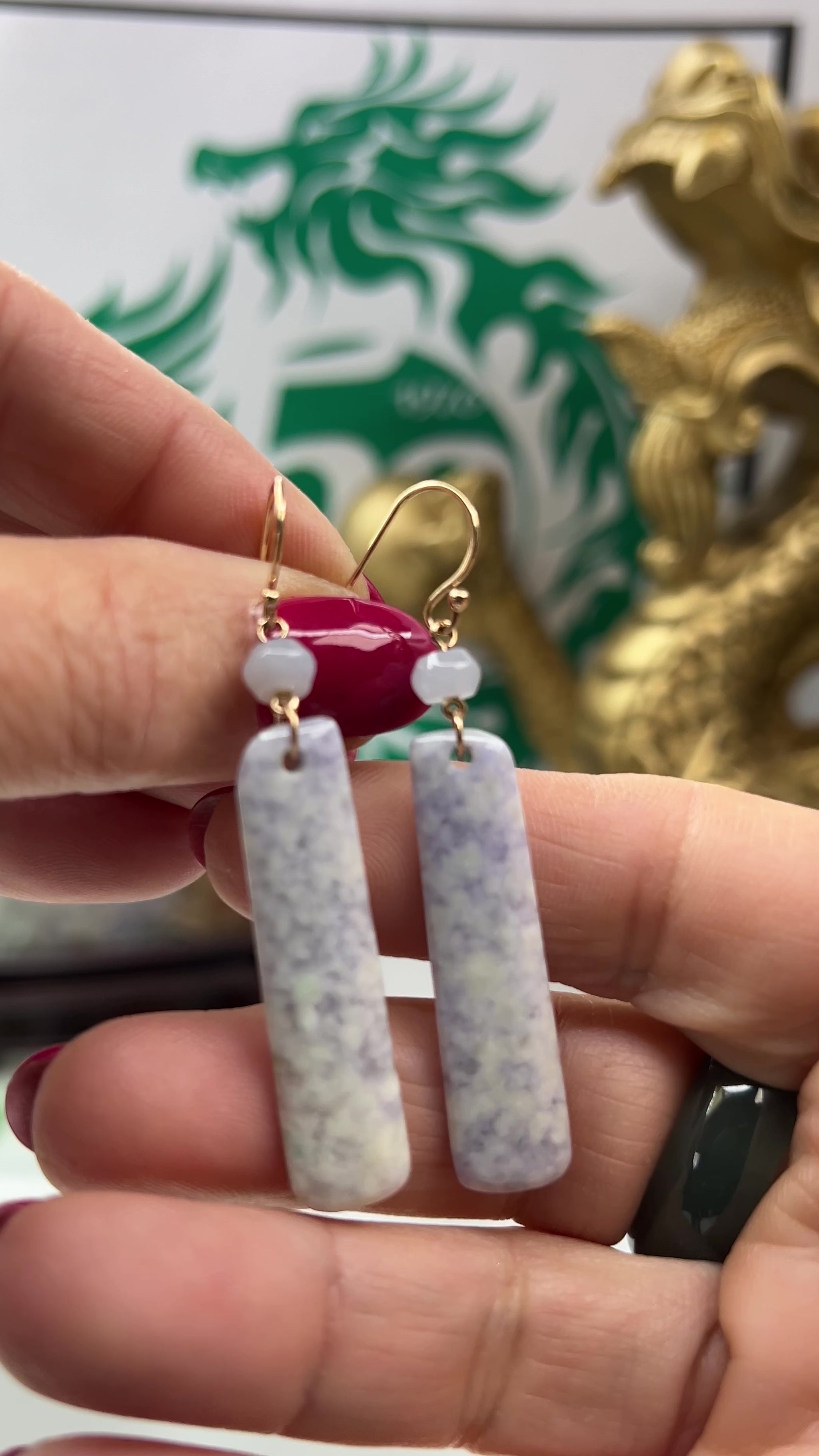 Lavender Guatemalan Jadeite Jade Drop 14K Yellow Gold Earrings Jade Jewelry