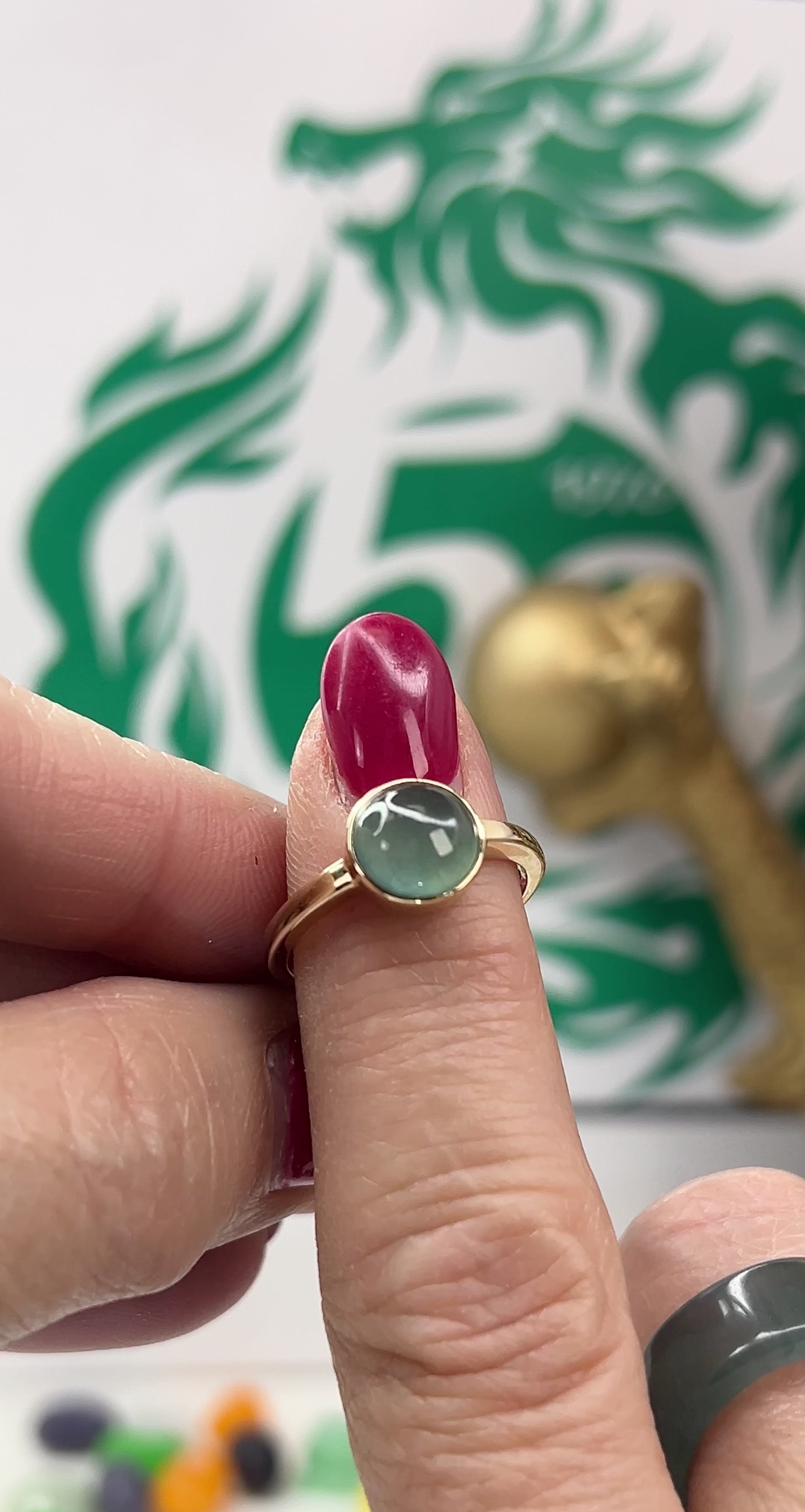 Blue Green Guatemalan Jadeite Jade Solitaire Ring In 14K Yellow Gold Jade Jewelry