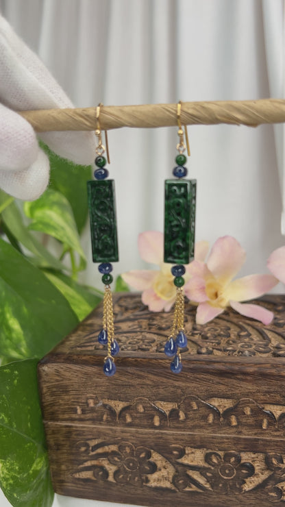 14K YELLOW GOLD GREEN JADEITE JADE & SAPPHIRE DROP EARRING UPC #383616