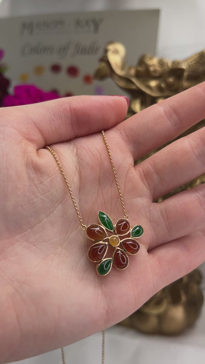 14K YELLOW GOLD GREEN & RED JADEITE JADE CLUSTER NECKLACE UPC #360310