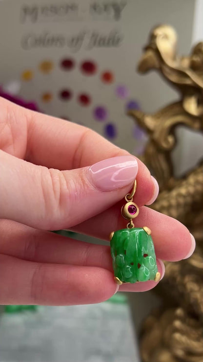 Green Jadeite Jade Carved Floral 18K Yellow Gold Pendant | UPC #397095