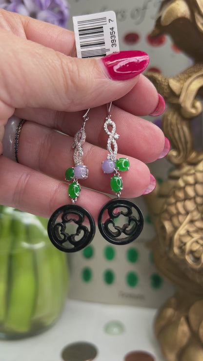 18K White Gold Black Jadeite Jade Drop Earrings with Diamonds | UPC #393547