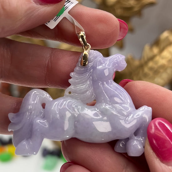 Lavender Jadeite Jade Horse 14K Yellow Gold Pendant jade jewelry