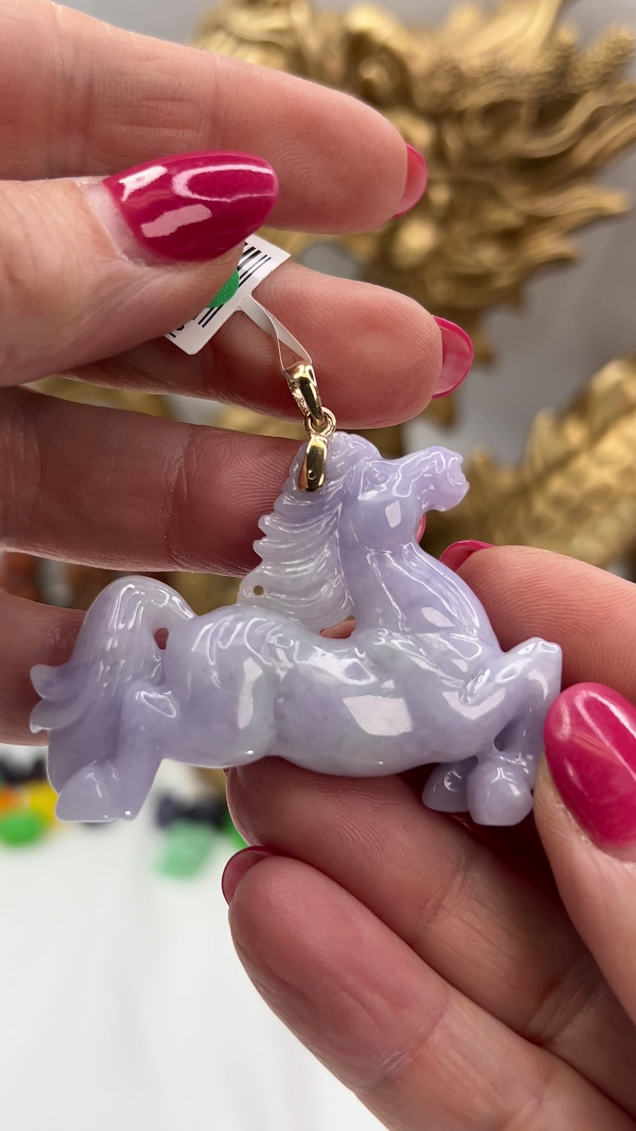 Lavender Jadeite Jade Horse 14K Yellow Gold Pendant jade jewelry
