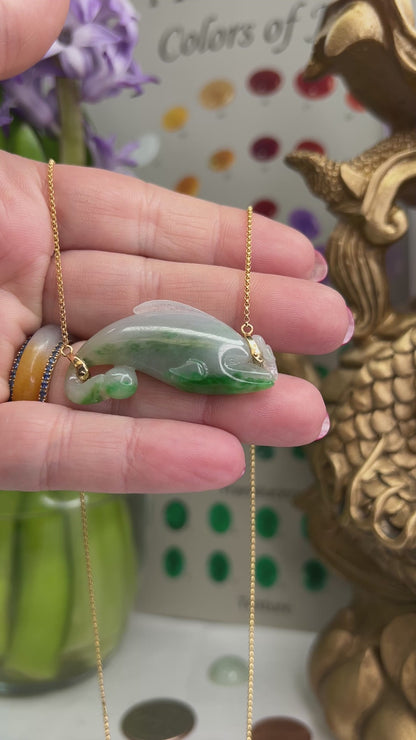 14K Yellow Gold Green Jadeite Jade Dolphin Carving Necklace | UPC #388550