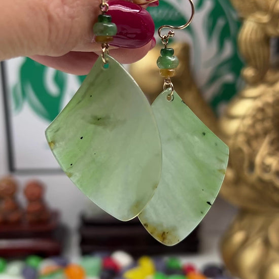 Green Siberian Nephrite Jade 14K Yellow Gold Drop Earring Jade Jewelry