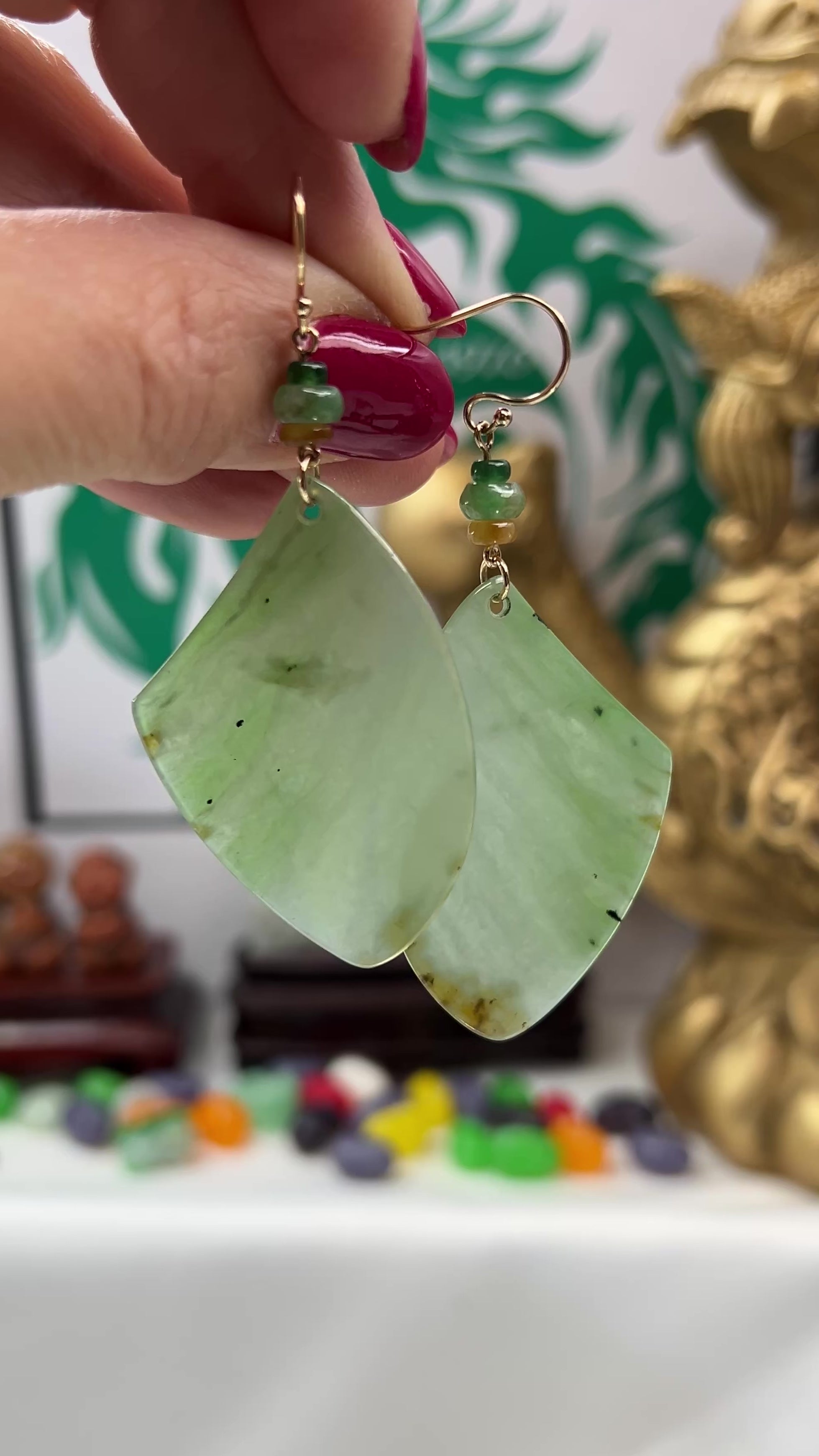 Green Siberian Nephrite Jade 14K Yellow Gold Drop Earring Jade Jewelry