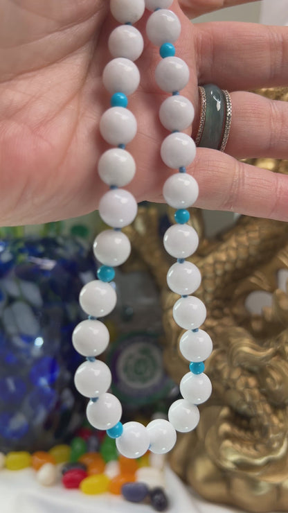 Adjustable White Jadeite Jade and Turquise Bead Necklace | UPC #398993