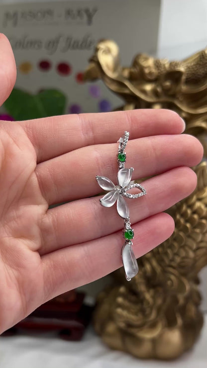 18K WHITE GOLD ICE JADEITE JADE FLOWER DROP PENDANT UPC #311299