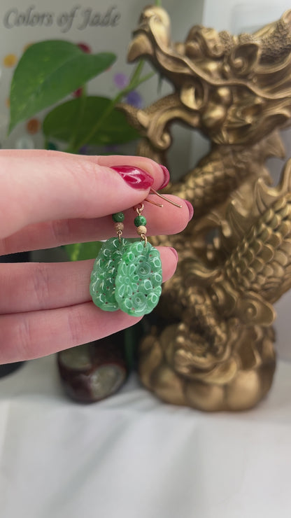 14K Yellow Gold Green Jadeite Jade Carved Drop Earrings | UPC #396074