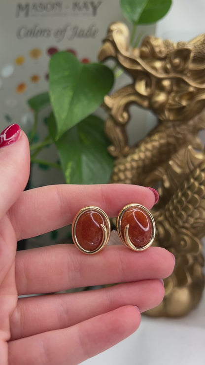 14K YELLOW GOLD RED JADEITE JADE EARRING UPC #331280