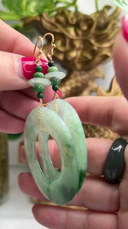 14K YELLOW GOLD LARGE GREEN JADEITE JADE CIRCLE DROP EARRING UPC #395749