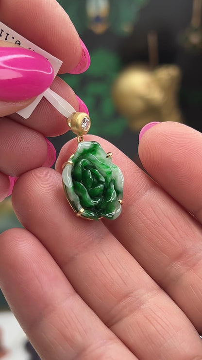 Green Jadeite Jade Carved Flower 18K Yellow Gold Pendant | UPC #404632