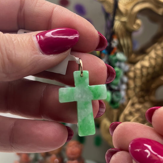 Green Jadeite Jade Cross 14K Yellow Gold Pendant Jade Jewelry