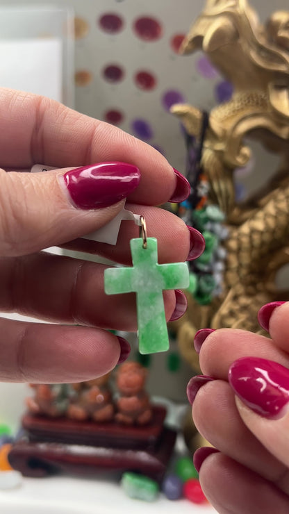 Green Jadeite Jade Cross 14K Yellow Gold Pendant Jade Jewelry