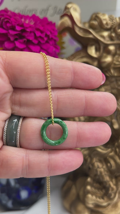 Green Jadeite Jade Circle Necklace on 14K Yellow Gold Chain | UPC #398849