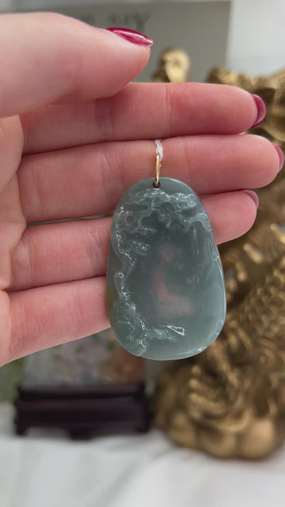 14K YELLOW GOLD BLUE GREEN JADEITE JADE CARVED PENDANT UPC #390782