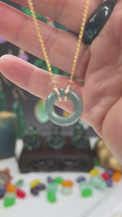Blue-Green Guatemalan Jadeite Jade Circle on 14K Yellow Gold Chain | UPC #406117