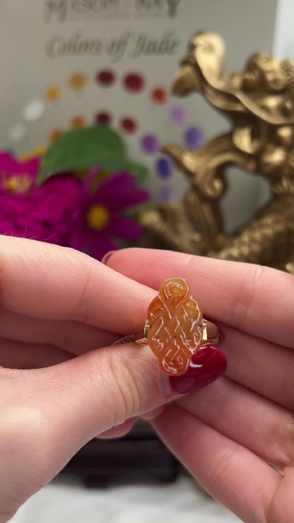 14K YELLOW GOLD RED JADEITE JADE CARVED RING UPC 375420