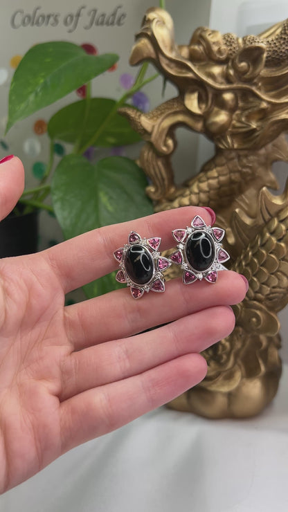 18K White Gold Nephrite Black Jade Earrings with Diamond and Tourmaline | UPC #262348