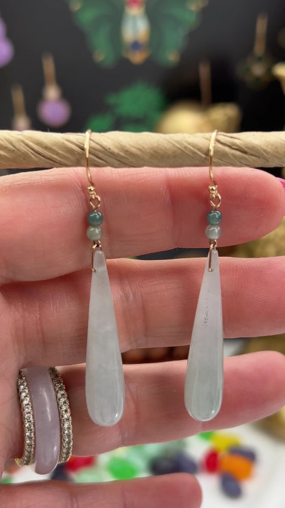 Icy Green Jadeite Jade Tear Drop 14K Yellow Gold Earrings | UPC #402010