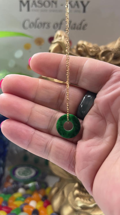 Green Jadeite Jade Flat Circle Necklace on 14K Yellow Gold Chain | UPC #399617