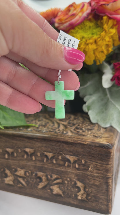 14K White Gold Green Jadeite Jade Cross Pendant | UPC #353756