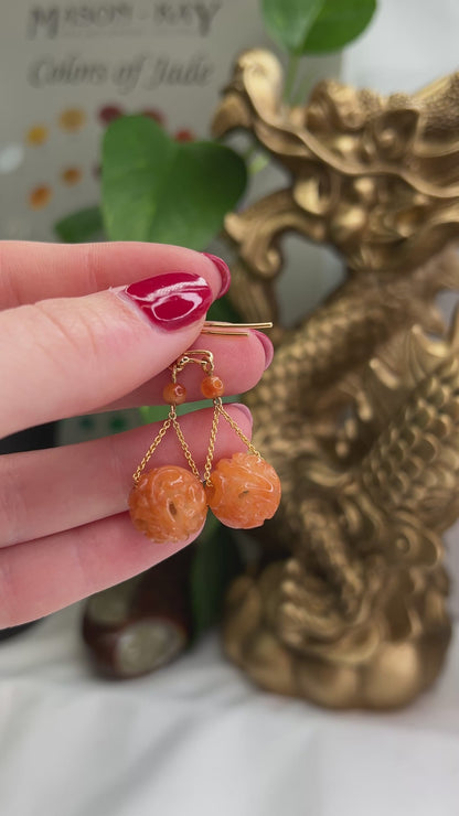 14K YELLOW GOLD RED JADEITE JADE CARVED BEAD EARRING UPC #388932