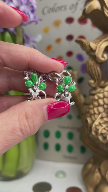 Vintage Jewelry | Estate 14K White Gold Green Jade Clip-On Earrings | UPC #388598