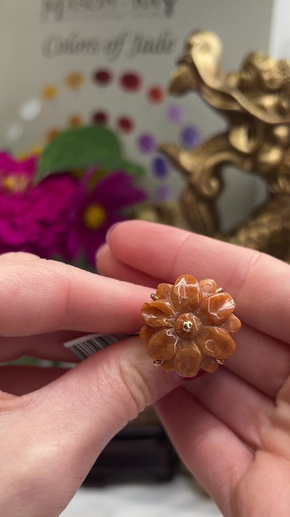 14K YELLOW GOLD RED JADEITE JADE FLOWER RING UPC #383630