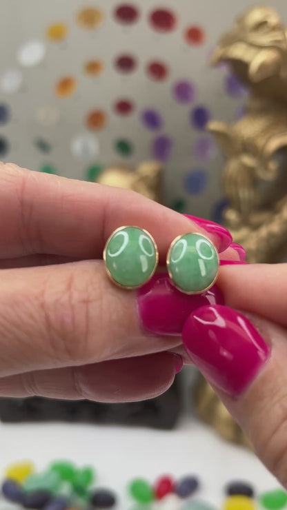 Green Jadeite Jade 14K Yellow Gold Oval Stud Earrings | UPC #401921