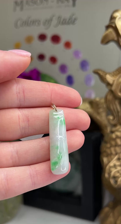 Green and White Jadeite Jade Carved Bamboo 14K Yellow Gold Pendant | UPC #217904