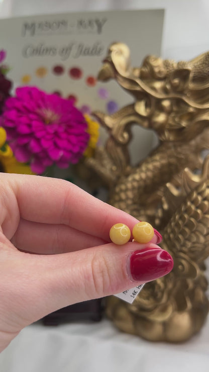 14K YELLOW GOLD YELLOW JADEITE JADE  8MM BALL STUD EARRING UPC #381070