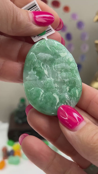 Loose Green Jadeite Jade Carved Mountain Village Scene | UPC #377684
