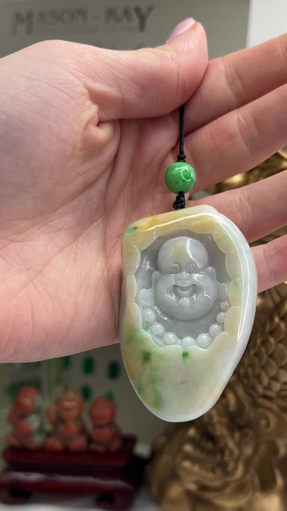 CARVED GREEN & YELLOW JADEITE JADE BUDDHA CHARM UPC #372627