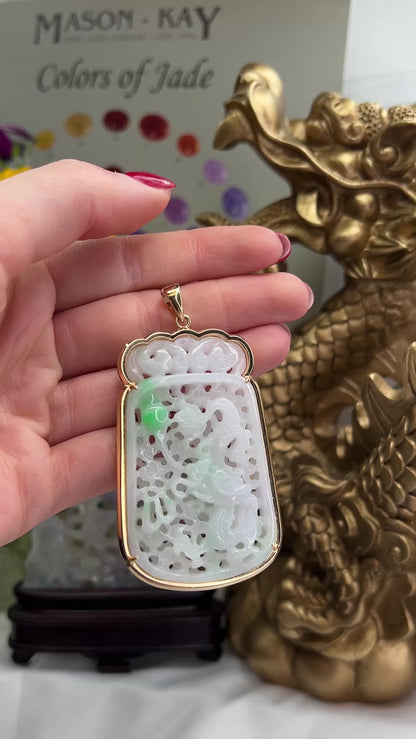 ESTATE 14K YELLOW GOLD GREEN & WHITE JADEITE JADE CARVED PENDANT UPC #377080