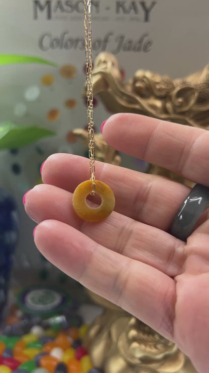 Yellow Jadeite Jade Flat Circle Necklace on 14K Yellow Gold Chain | UPC #399624