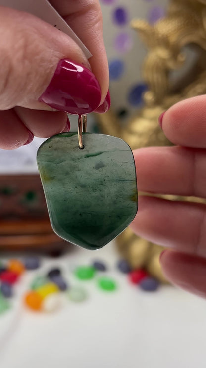 Blue Green Jadeite Jade Freeform 14K Yellow Gold Pendant | Guatemalan Jade | UPC #400740