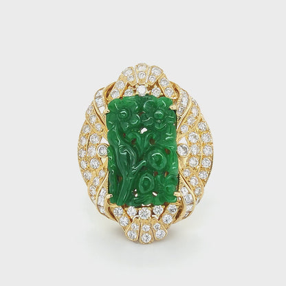 Estate 14K Yellow Gold Green Jadeite Jade Carved Ring with Diamonds | UPC #356856