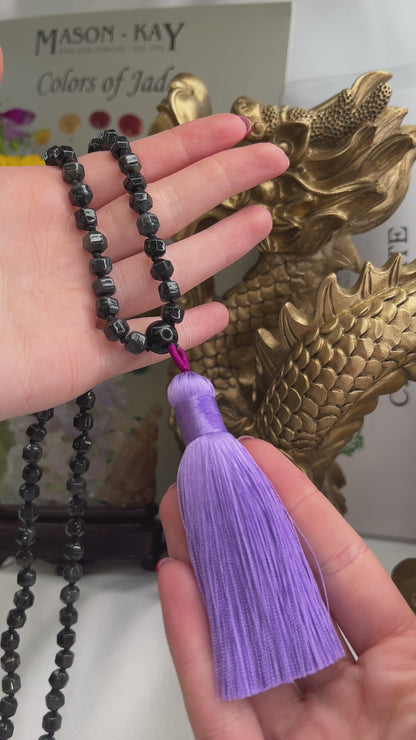 GREY JADEITE JADE ADJUSTABLE BEAD NECKLACE WITH LAVENDER TASSEL UPC #385825